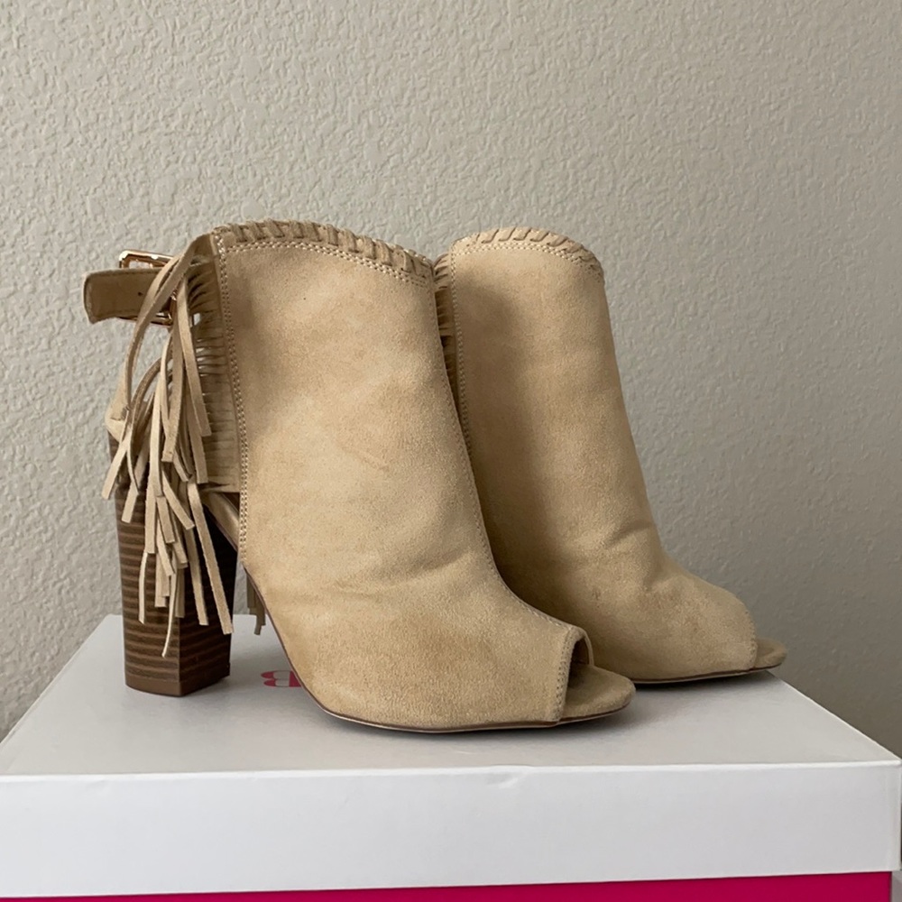 Fringed Suede Open Toe Heels